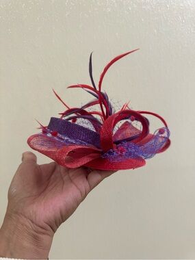 Red Purple Fascinator Feather Wedding Derby Goth Halloween Costume Net Headpiece